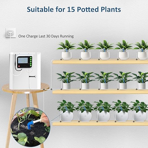 SoulBay Automatic Plant Waterer Indoor, USB Rechargeable Drip Irrigation Kit for up to 15 Potted Plants, Programmable Self Watering System with Digital Timer for Vacation & Houseplant Care