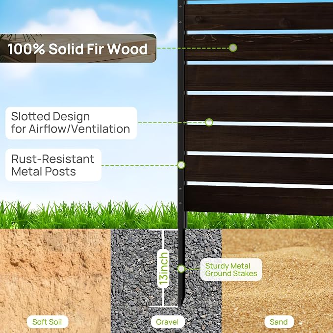 38"W x 61"H (1 Panel) No Dig Wood Privacy Screen Outdoor Privacy Fence Panel for AC Unit Trash Can Pool Equipment Enclosure Decorative Patio Privacy Wall Screen with Metal Posts & Stakes (Dark Brown)