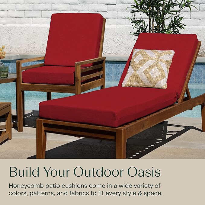 Honeycomb Outdoor Chaise Lounge Cushion for Patio Furniture, Water & Fade Resistant, Removable Cover, 21.5 x 70, Heritage Textured Solid Imperial Red