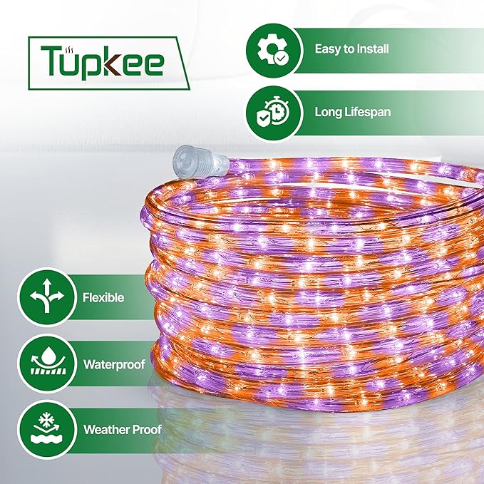 Tupkee LED Rope Light Orange & Purple - 24 Feet (7.3 m), for Indoor and Outdoor use - 10MM Diameter - 144 LED Long Life Bulbs Halloween Decorative Rope Tube Lights