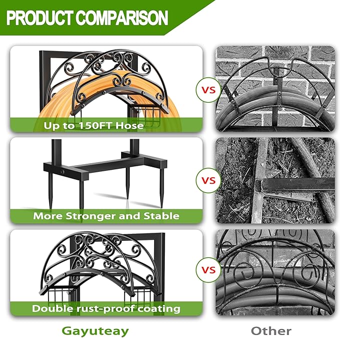 Gayuteay Garden Hose Holder – Upgraded Water Hose Stand with Storage Basket Holds 151ft, Heavy Duty Freestanding Garden Hanger Storage Rack for Outside Yard Lawn Farm