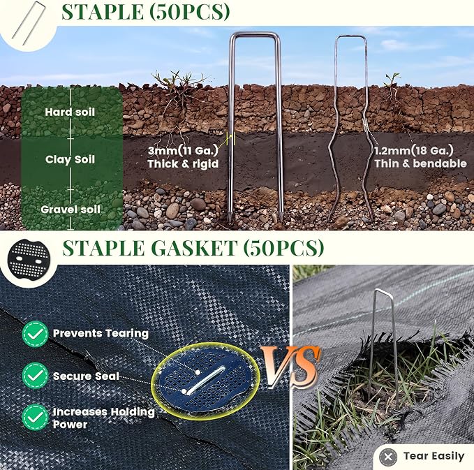 KING BIRD 4FTx100FT Weed Barrier Landscape Fabric w/Stakes & Gasket, 3.2oz Heavy Duty Woven Ground Cover Geotextile Fabric for Flower Garden Bed, Driveway, Pathway, Gravel & Yard Weed Control Mat