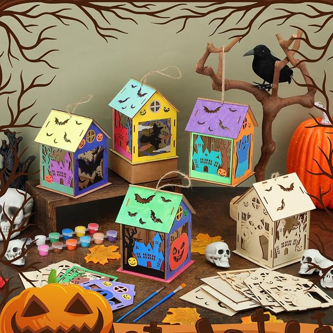 DoubleFill 24 Set Halloween Bird House Kits, Buildable DIY Birdhouse for Children, Wooden House, Arts and Crafts Set for Kids Adults Painting Halloween Party Decoration