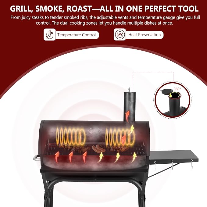 Barrel Charcoal Grill, 554 Sq.In Large BBQ Grill & Smoker with Warming Rack, 4-Position Charcoal Pan, Thermometer, Side & Front Tables, Wheels for Outdoor Backyard Patio
