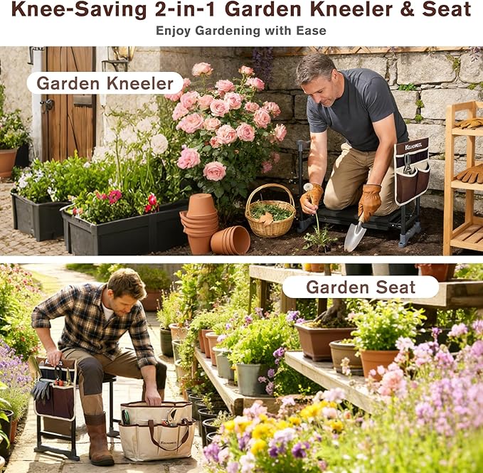 Garden Kneeler and Seat, Extra Wide Thick EVA Pad, Heavy Duty Foldable Garden Bench Holds 350lbs, Ergonomic Kneeling Stool with Garden Tool Pouches, Gardening Gifts for Women, Men, Seniors
