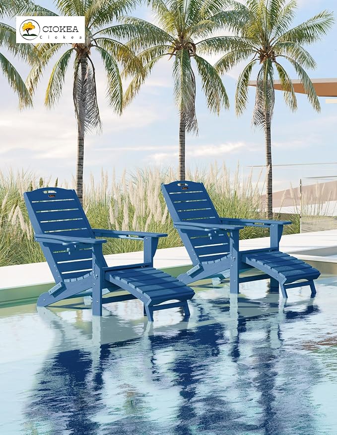Ciokea Folding Adirondack Chair Set of 6 with Retractable Ottoman Fire Pit Patio Chair with Pull Out Foot Rest Weather Resistant Lawn Outdoor Chair with 2 Cup Holder (Navy Blue)