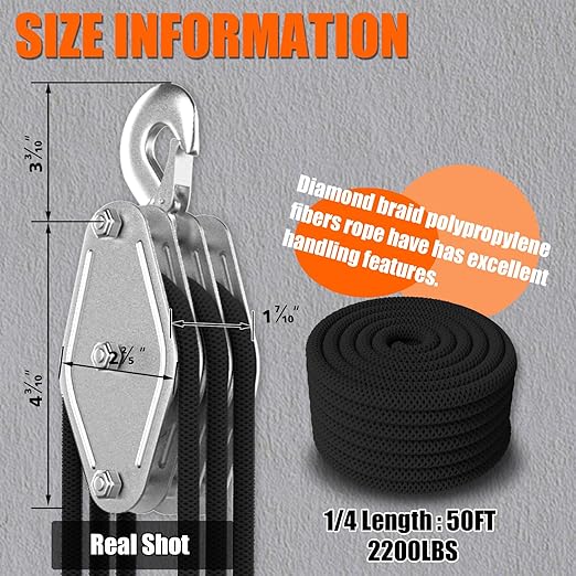 YATOINTO Rope Pulley Hoist with Bearing, 2200 LB Pulley Block and Tackle System 6:1 Power, Pulley Block 1100LB Loading Capacity, 50ft Heavy Duty Rope Hoist for Hunting Garage Warehouse Constructions