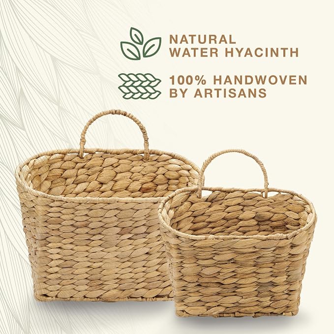 84ECO Set of 2 Wicker Hanging Baskets for Organizing, Front Door, Mail, Flowers - Woven Wall Baskets for Storage