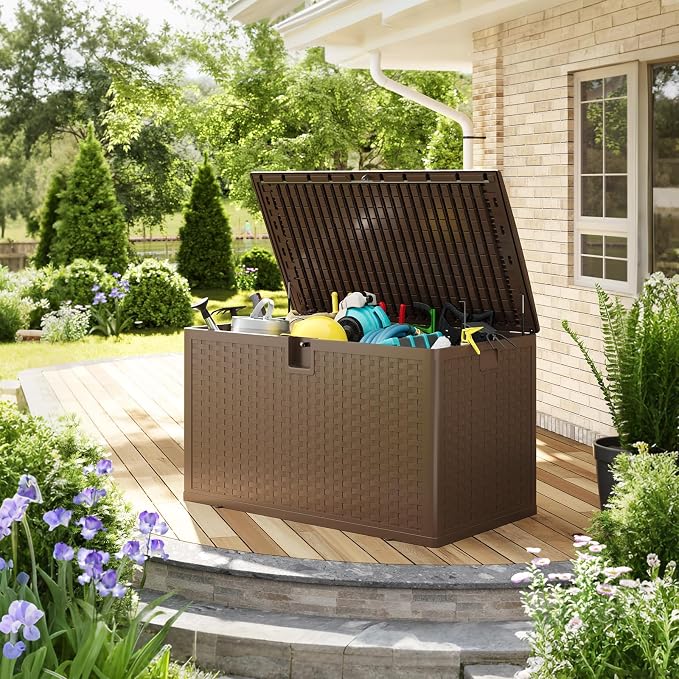 120 Gallon Outdoor Deck Box, Lockable Waterproof Outdoor Resin Box with Lid, Patio Storage Bin for Patio Furniture, Garden Tools, Pool Accessories - Brown