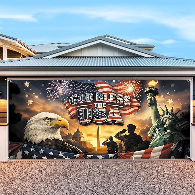 6 * 13FT Eagle Flag God Bless The UAS Garage Door Cover Decorations Independence Day Garage Door Banner for Outdoor Indoor Patriot Party Photography Backdrop