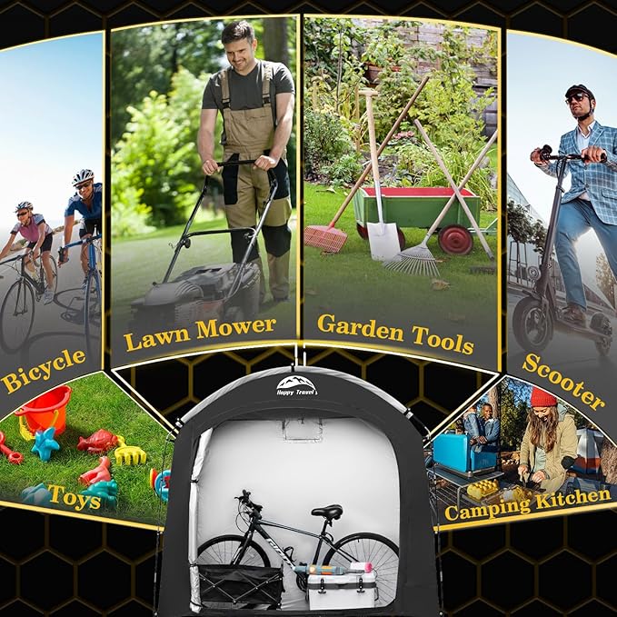 Happy Travel Bike Storage Shed Tent, Waterproof Portable Bicycle Cover with 30% More Top Storage Space for 2/3/4/8 Bikes,Clips Easy Setup Outdoor Sheds Shelter for Motorcycle, Garden Tools, Lawn Mower