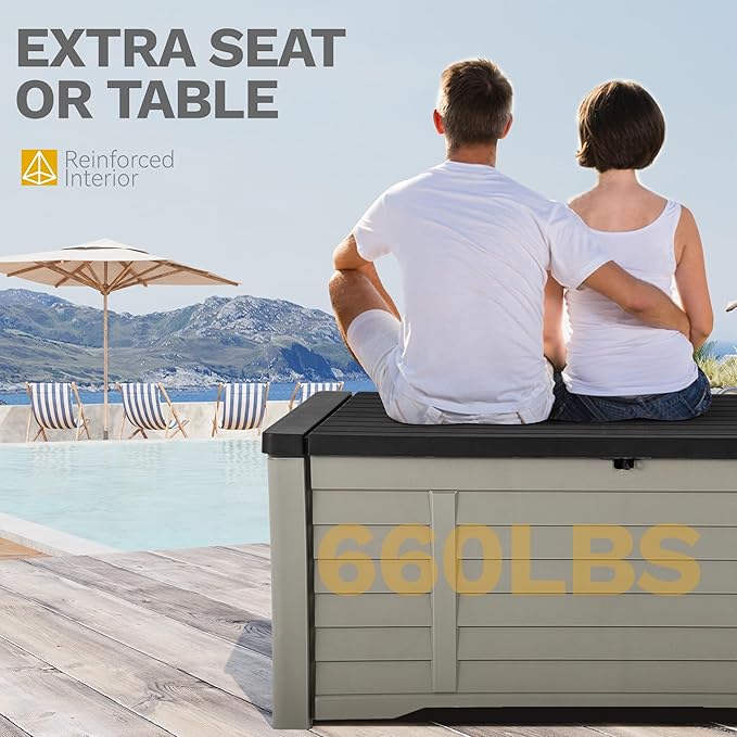 DWVO 150 Gallon Outdoor Storage Box, Large Resin Deck Box with Louver Design, Lockable Patio Storage Bin for Indoor and Outdoor Use, Pillows, Tools, and Pool Supplies -Black & Brown