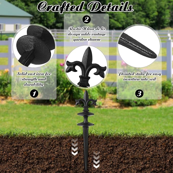 4 Pcs Antique Garden Hose Guide Spike, 13.7" Fleur De Lis Decorative Cast Iron Finial Stakes Heavy Duty Metal Plant Saver Tools Outdoor Hose Protection for Lawn Yard Patio(Black,Assorted Styles)