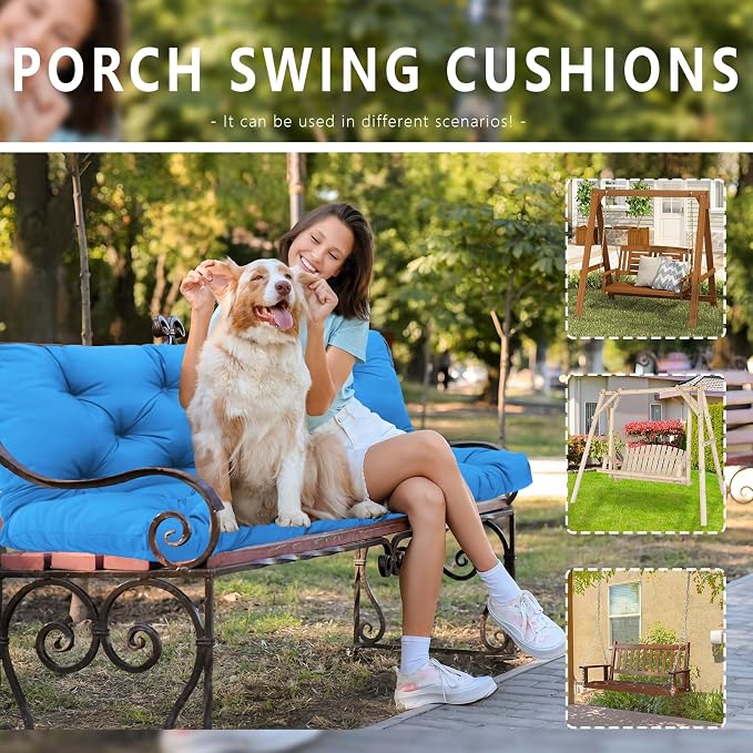 Premium 5" Thicken Porch Swing Cushions Waterproof 2 Seater Replacement Cushions with Backrest and Adjustable Straps, Outdoor Furniture Cushions for Patio, Garden(Peacock Blue 48×40×5inch)