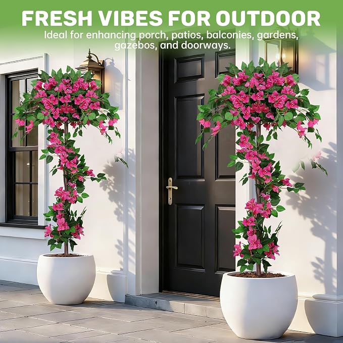 2Pack 5FT Artificial Bougainvillea Topiary Trees for Outdoor, Fake Silk Flowers Plants Bushes with Ground Spike, Faux UV Resistant Shurbs Trees for Outside,Front Porch,Patio,Balcony Decor