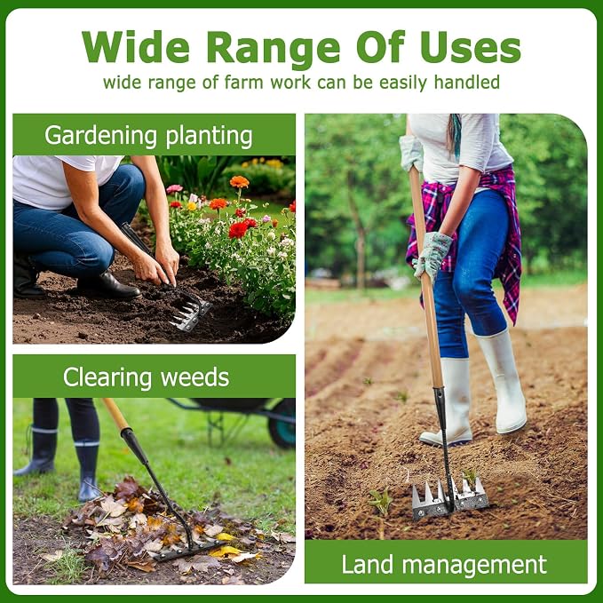 Gardenia Iron Weeding Rake, 2.0 Iron Weeding Rake with Long Handle, 6 Teeth Heavy Duty Weed Puller Tools for Gardening, Weedings ,Lawn