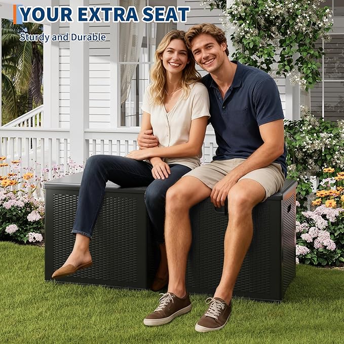 IDEALHOUSE 80 Gallon Resin Deck Box, Waterproof Outdoor Storage Box with Lockable Lid & UV Resistant, Patio Furniture Cushion Storage Container for Garden, Backyard, Poolside (Black)