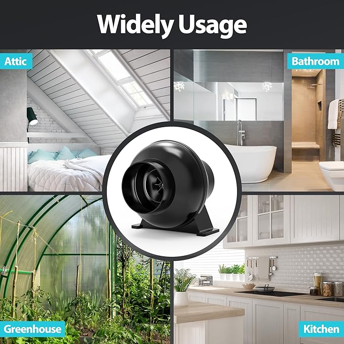 Toolazy 4 Inch Inline Fan with Speed Controller – ETL Listed, 195 CFM Quiet Duct Ventilation Fan for Grow Tent, Hydroponics, Greenhouse,Bathroom, Basement, HVAC – Black