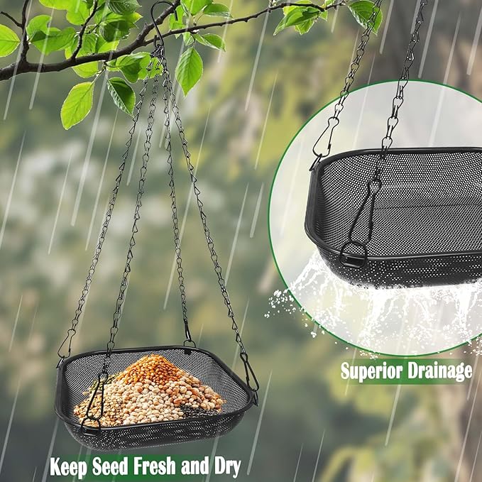 Hanging Bird Feeder for Outdoors – 11 in Square Metal Mesh Bird Feeder Tray Platform for Wild Birds, Black