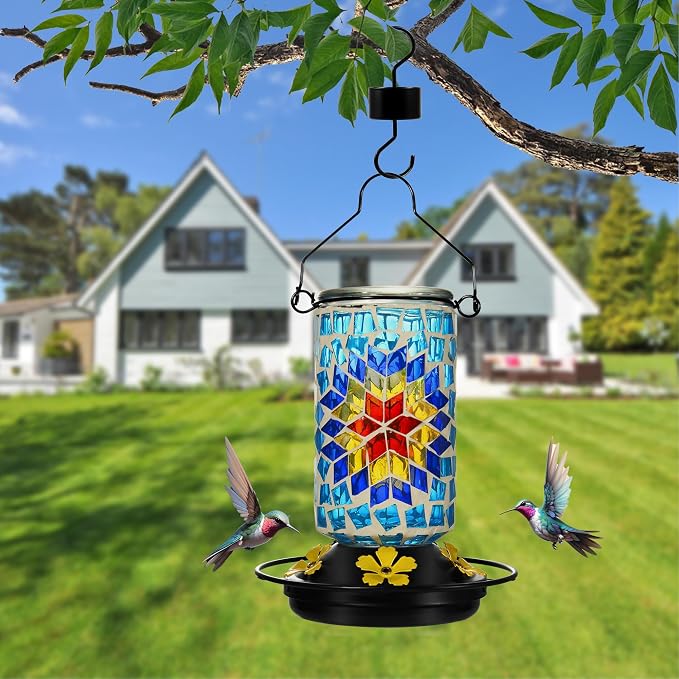 Glass Hummingbird Feeder, Blue Hummingbird Feeders for Outdoors Hanging, 19 Ounces, Mosaic Flower Bottle Easy to Clean, 5 Feeding Ports, Ant Moat Included