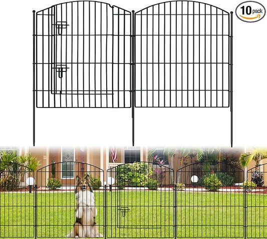 No Dig Decorative Garden Fence with Gate 32in (H) x 24ft (L), 9 Panels + 1 Gate +11 Stakes, Temporary Dog Fencing Outdoor, Rustproof Metal Arched Animal Barrier for Yard, Patio, Flower Bed, Landscape