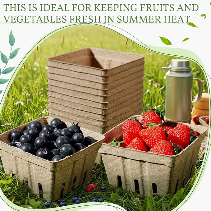 Reallnaive 50 Pack Natural Pulp Fiber Berry Baskets 1 Pint, Small Molded Produce Vented Basket for Strawberry, Blueberry, Raspberry, Vegetables, Farmers Market, Fruit Picking, Garden Harvest, Party