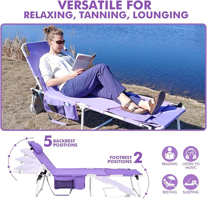 Oversized Extra Wide Tanning Chair with Sun Canopy Face Hole Padded Adjustable Washable, Heavy Duty Layout Folding Lounge Chair for Outside Beach Reading Sunbathing, UPF 50+, XL, Plus Size, 330 LBS