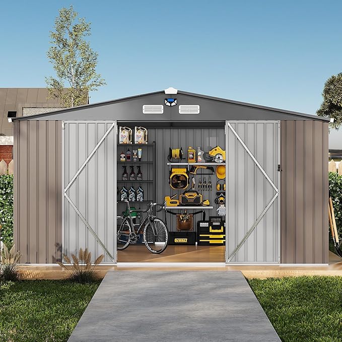 10x12FT Metal Storage Shed with Sloped Roof, Lockable Doors, Solar Light, Windows, and Vents, Outdoor Storage Sheds for Garden, Backyard, Patio Tools and Equipment