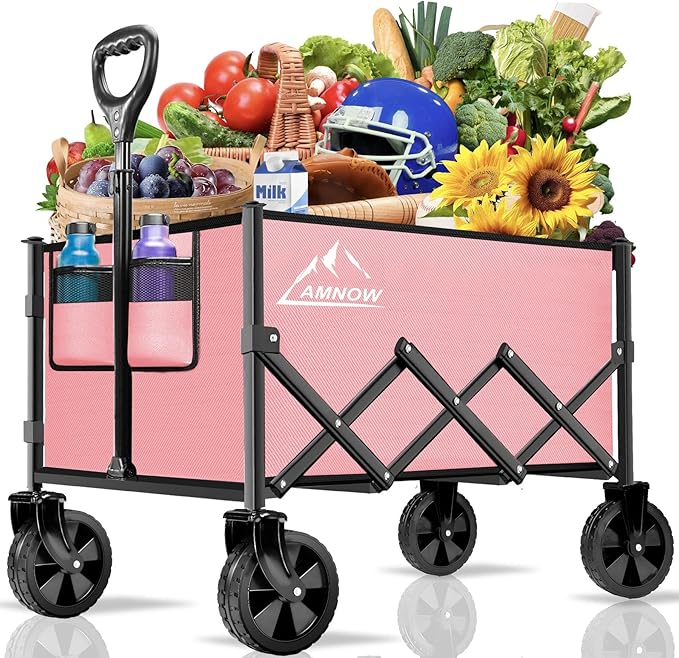 Collapsible Folding Wagon Cart, 350LBS Utility Large Capacity Cart Foldable Wagon with All Terrain Wheels, Grocery Wagons Carts for Garden Shopping Sports Camping, Light Pink