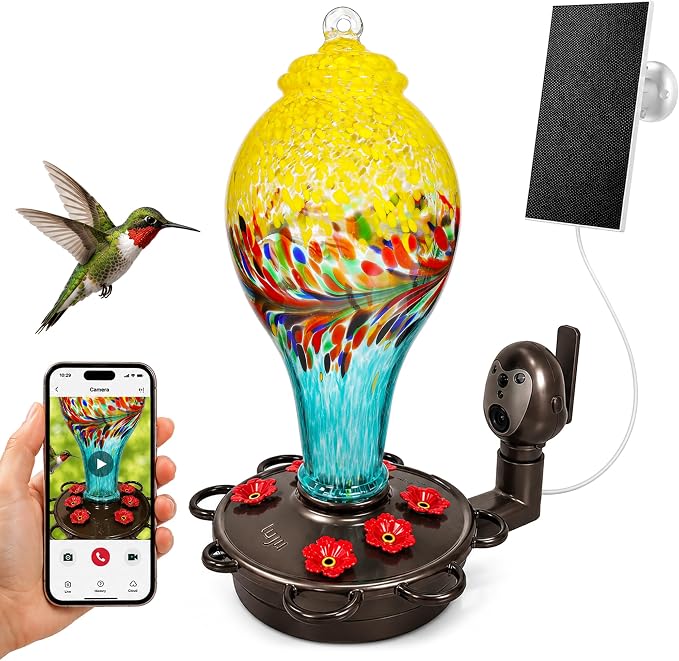 LUJII Smart Hummingbird Feeder with Camera for Outdoor Hanging, Hand Blown Glass, Solar WiFi Feeder with Live View App, 6 Feeding Ports, Leak-Resistant Design, Ant Moat & Gift Box, 36 fl oz, Yellow