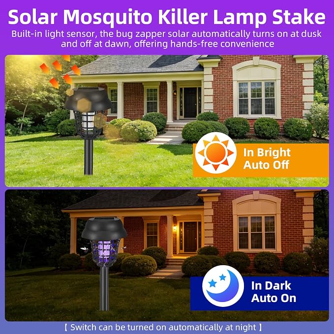 2026 Solar Bug Zapper Outdoor Waterproof,4 Pack Mosquito Zapper Repellent Outdoor Patio,Auto On/Off Purple or White Light,Solar Powered Gnat Insect Bug Zappers for Yard Garden Backyard Pathway
