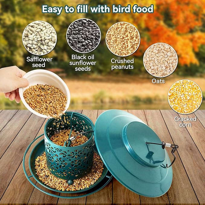 Metal Bird Feeders for Outdoors Hanging, Weather Resistant Wild Bird Feeder with 360 Degree Feeding Tray (Green)