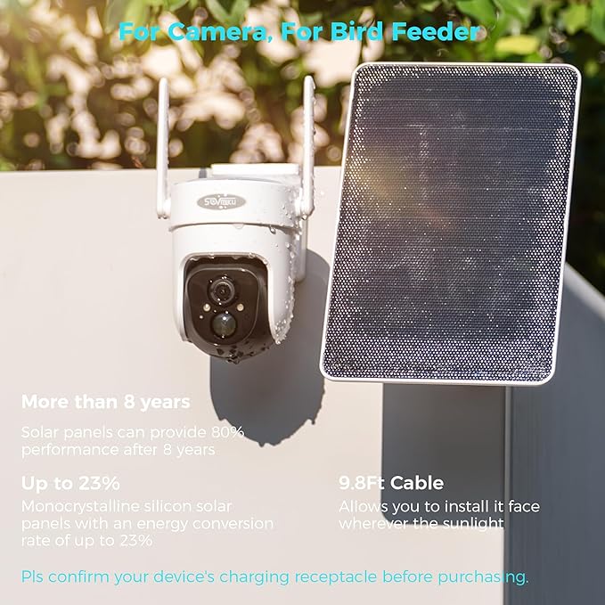 5V 8W Solar Panel for Security Camera, for Bird Feeder, 4G AOV Trail Cam, Ring Tapo Eufy Vicohome Eseecloud, Native USB-C, Micro-USB & DC 3.5mm*1.35mm, 23% Conversion, 9.8 Ft, 260 Days Care Plan