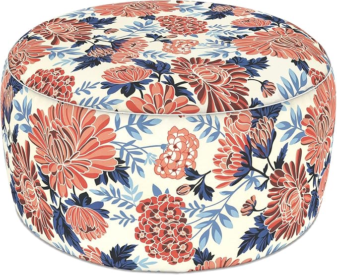 LVTXIII Indoor/Outdoor Large Inflatable Ottoman Pouf D31 x H14 Inch, Round Footstool with Handle, Weather-Resistant Portable Furniture for Patio, Camping, Beach, Vibrant Blossom
