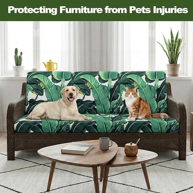 CALBODE 14 Pcs Stretch Outdoor Seat Cushion Covers, Washable Chair Seat Cover for Patio Furniture Cushions Soft Indoor and Outdoor Couch Cover Replacement (Monstera, Cover Only)