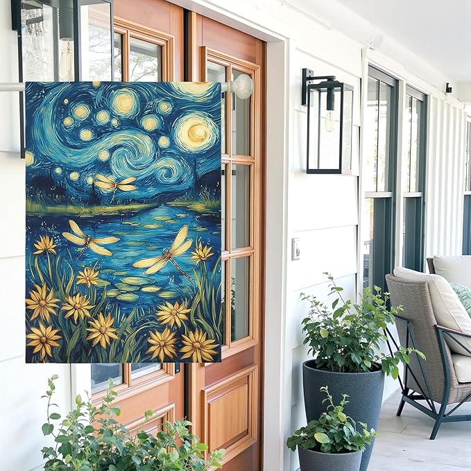 Summer Daisy House Flag Starry Night Style Floral Garden Flags with Dragonflies Spring Lake Landscape Artistic Impressionist Flower Banner Outdoor for Lawn Patio Porch Seasonal Home 28 x 40 Inch