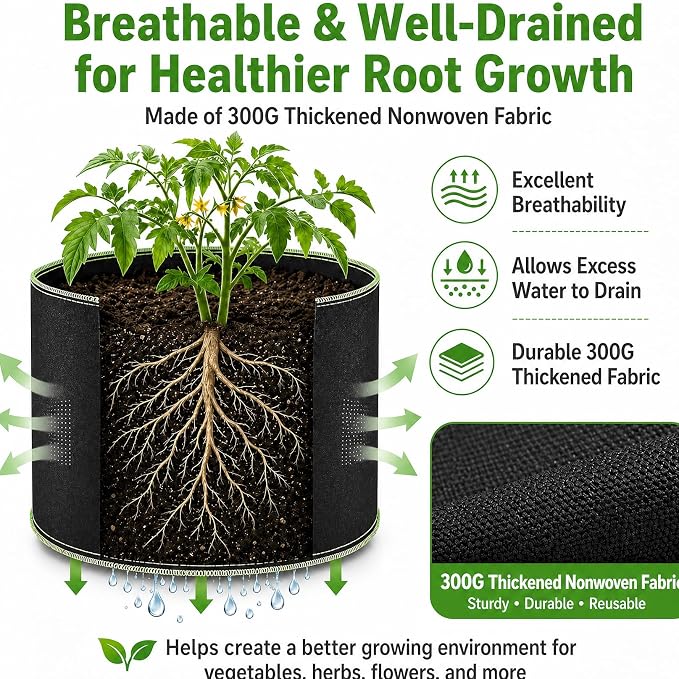 Delxo 20-Pack 1 Gallon Grow Bags,Garden Planting Bag,300G Thickened Breathable Nonwoven Cloth Fabric Pots for Fruits,Vegetable,Tomato(Black)