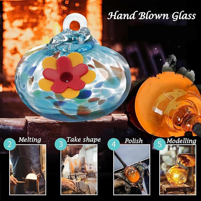 Charming Wind Chimes Hummingbird Feeder for Outdoors Hanging Ant and Bee Proof, Never Leak,Unique Hand Blown Glass Humming Bird Feeder Perfect Garden Decor for Window Garden Patio