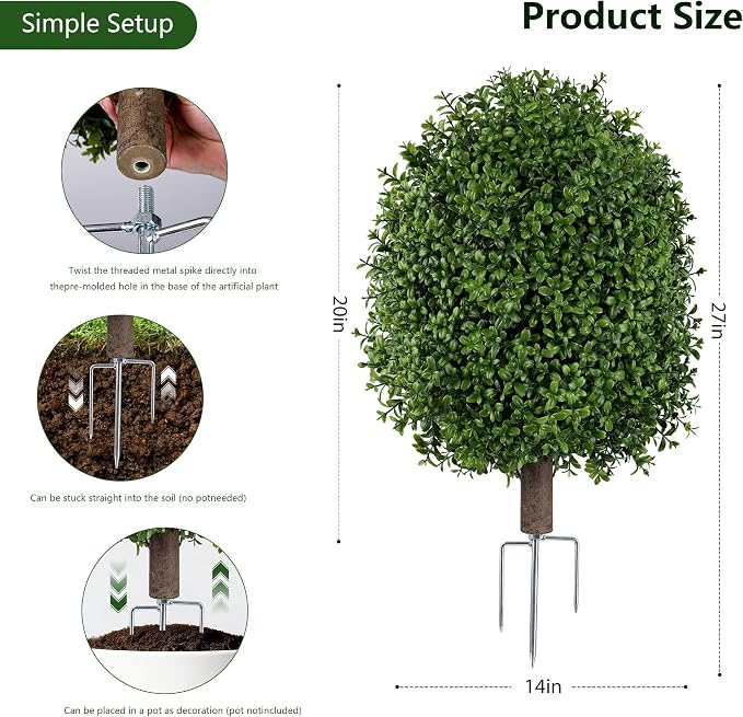 INSPRING Artificial Boxwood Topiary Trees Outdoor Fake Bushes Plants UV Resistant Evergreen Shrubs with Metal Ground Spike for Porch Patio Garden, 1 Pack