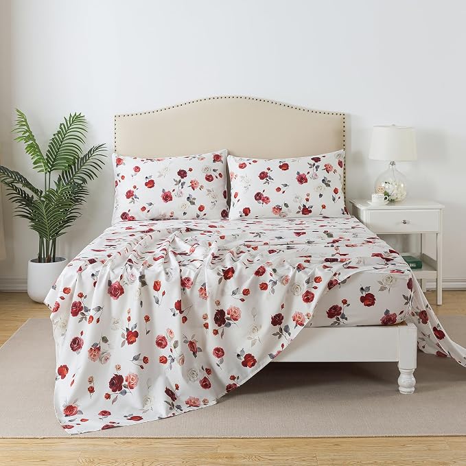 FADFAY Rose Sheets Set Twin Vintage White Floral Bedding Chic Red Rose Bed Sheets Shabby Farmhouse Bedding 100% Percale Egyptian Cotton 800 Thread Count Deep Pocket Fitted Sheet 4Pcs, Twin Size