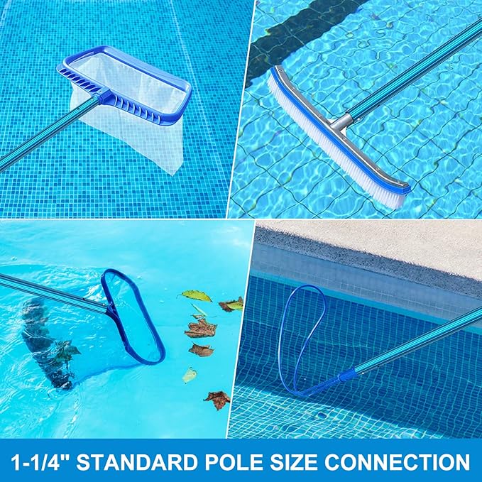 CKE Upgraded 12 Feet Thicken 1.3mm Blue Aluminum Telescoping Swimming Pool Pole,Adjustable 3 Piece Expandable Step-Up,Attach Connect Skimmer Nets,Rakes,Brushes,Vacuum Heads with Hoses, Universal 1.25"