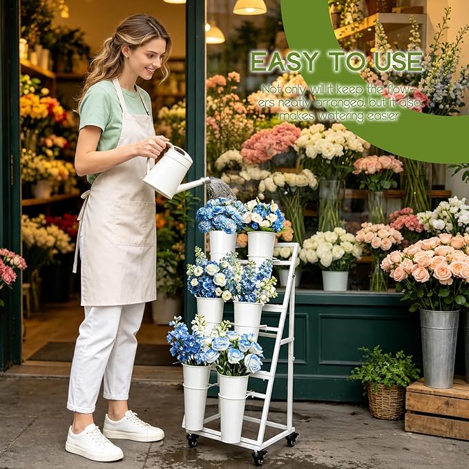 Flower Bar Stand with 6 Buckets, 3-Tier Metal Flower Display Stand on Wheels, Mobile Flower Cart for Indoor & Outdoor Garden, Flower Shop, Wedding, Party Decor(White)