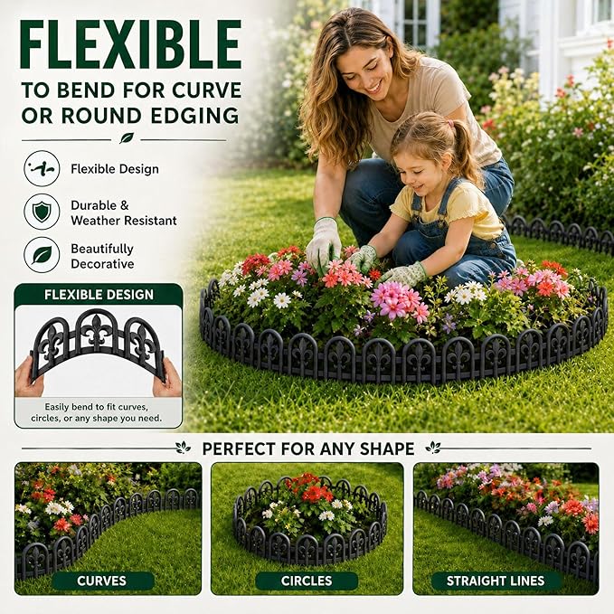 Evelyne Black Garden Border Plastic Edging – PP Plastic, Metal-Free Wrought Iron Look Design, 15pcs Black Yard Landscaping Fence Liner Lawn Edge Barrier, 20ft Kit of Decorative Lawn Landscape Panels
