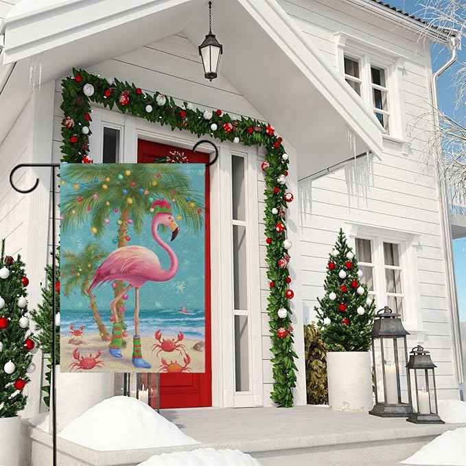 Pfrewn Christmas Winter Garden Flag 12x18 Double Sided Christmas Tropical Flamingo Palm Tree Crab Small House Yard Flags Welcome Seasonal Outdoor Indoor Banner for Xmas Holiday Yard Home Decoration