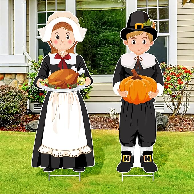 Capoda Large Thanksgiving Pilgrim Yard Sign Pilgrim Boy and Girl Pumpkin Turkey Outdoor Decoration Happy Fall Lawn Sign with H Stands for Autumn Thanksgiving Garden Decor, 33 x 12.6 Inch