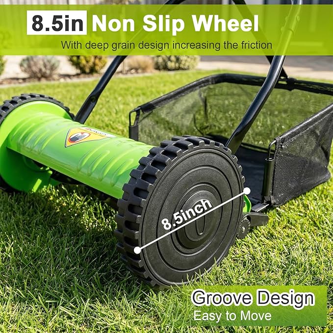 FDW 15-Inch Manual Push Reel Lawn Mower with 5 Steel Blades, Adjustable Cutting Height & Grass Catcher – Cordless, Eco-Friendly Yard and Garden Cleaner
