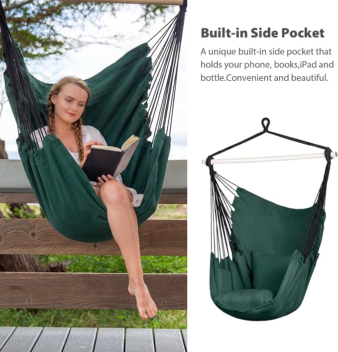 SUNCREAT Hammock Chair Hanging Rope Swing Seat-Max 450lbs Capacity, Extra Large Hanging Swing with Metal Support Bar, Side Pocket, Green