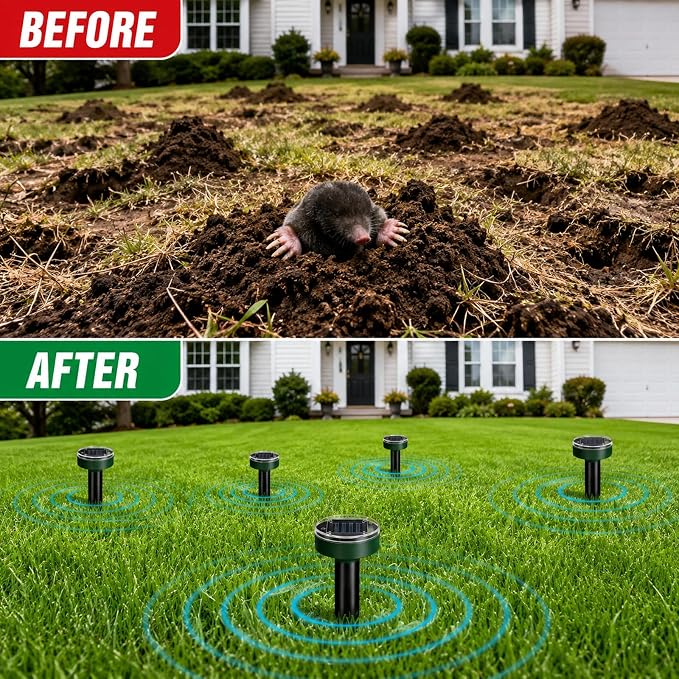 Ultrasonic Mole Repellent Solar Powered, 10 Pack | Mole, Gopher & Vole Repellent, Sonic Burrowing Pest Control, Snake & Groundhog Repellent, Pet Friendly, Outdoor Waterproof