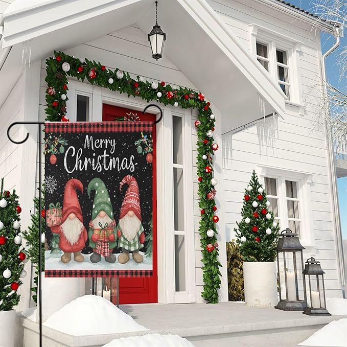 Pfrewn Christmas Winter Garden Flag 12x18 Double Sided Gnome with Gifts Berry Xmas Tree Small House Yard Flags Welcome Seasonal Outdoor Indoor Banner for Xmas Holiday Yard Home Decoration