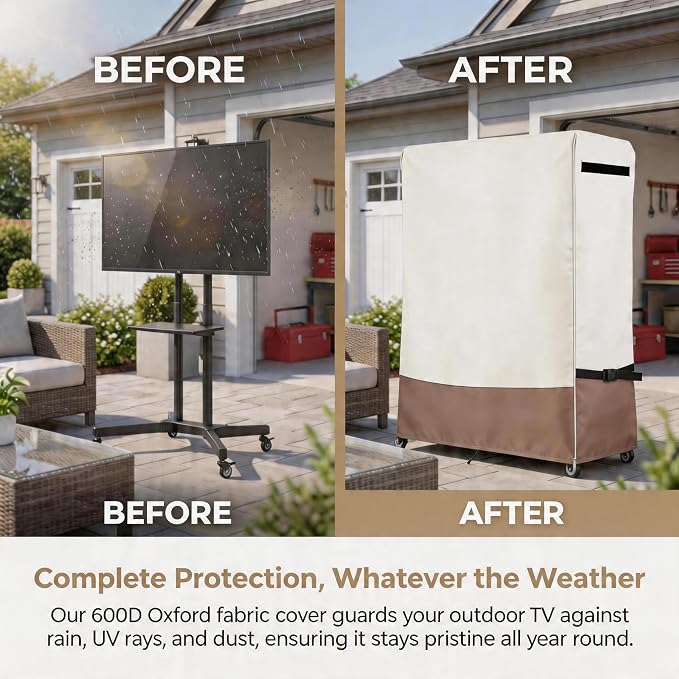 59 Inch Outdoor Waterproof TV Trolley Cover,Heavy Duty 600D Rolling TV Stand Cover with Zipper Easy to Ioad and Unload for 60-65 Inch TV,59"Lx15"Wx55"H,Beige